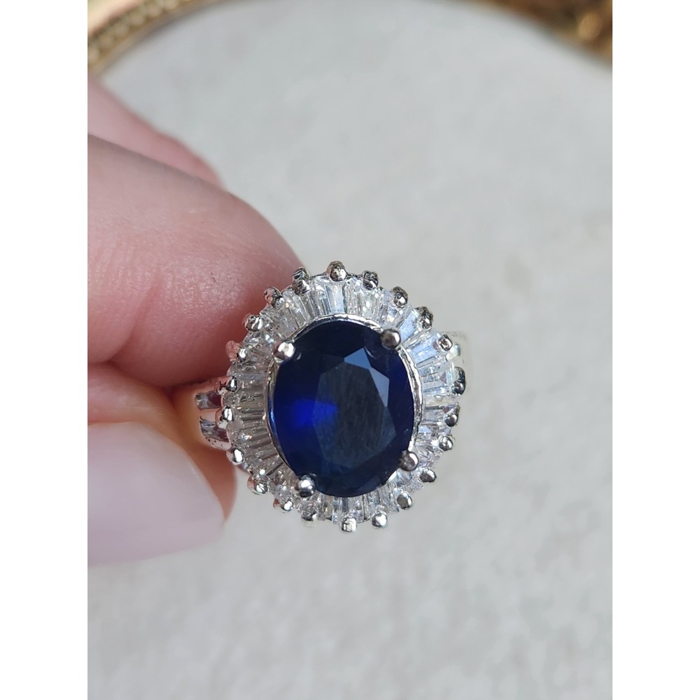 Vintage 925 Sterling Silver Blue Oval Sapphire CZ Halo Cocktail Ring Sz 6.25 - Picture 3 of 7